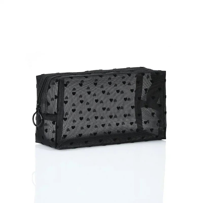 Nylon Mesh Cosmetic Bag Zipper Heart Shaped Toiletry Organizer Makeup Bags Multifunctional Women Lipstick Key Coin Purse Pouch