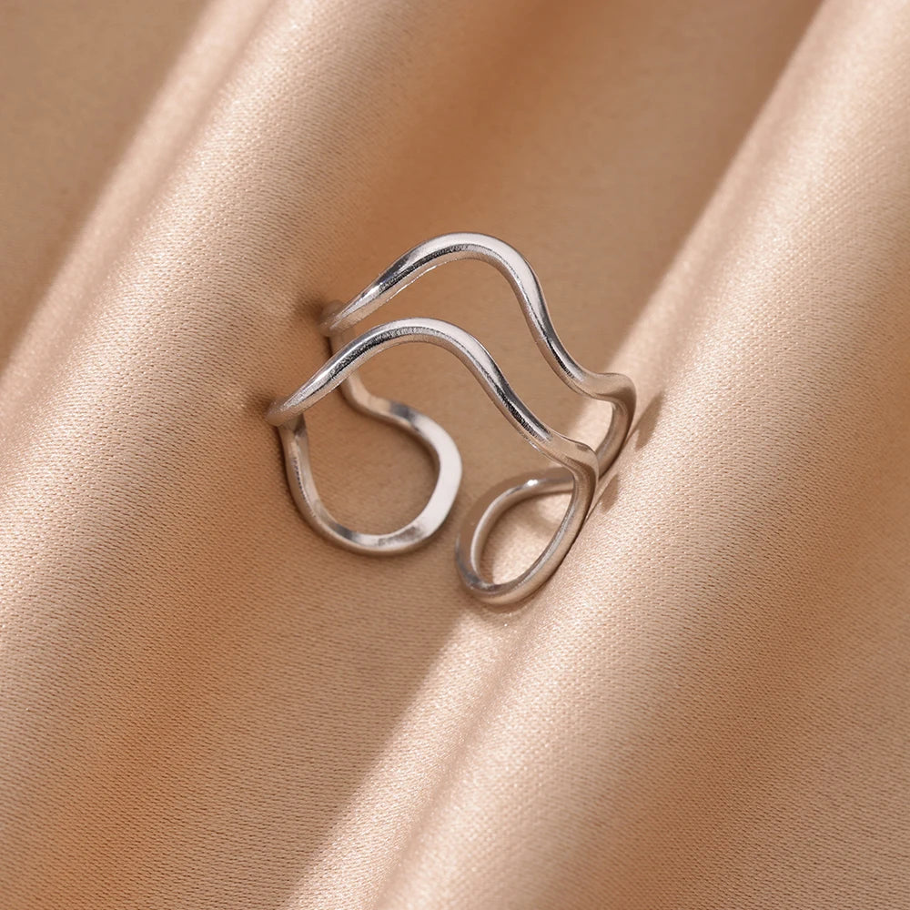 Minimalist wave Stainless Steel Rings For Women Gold plating Adjustable Finger Rings 2025 New Trends Jewelry Accessories