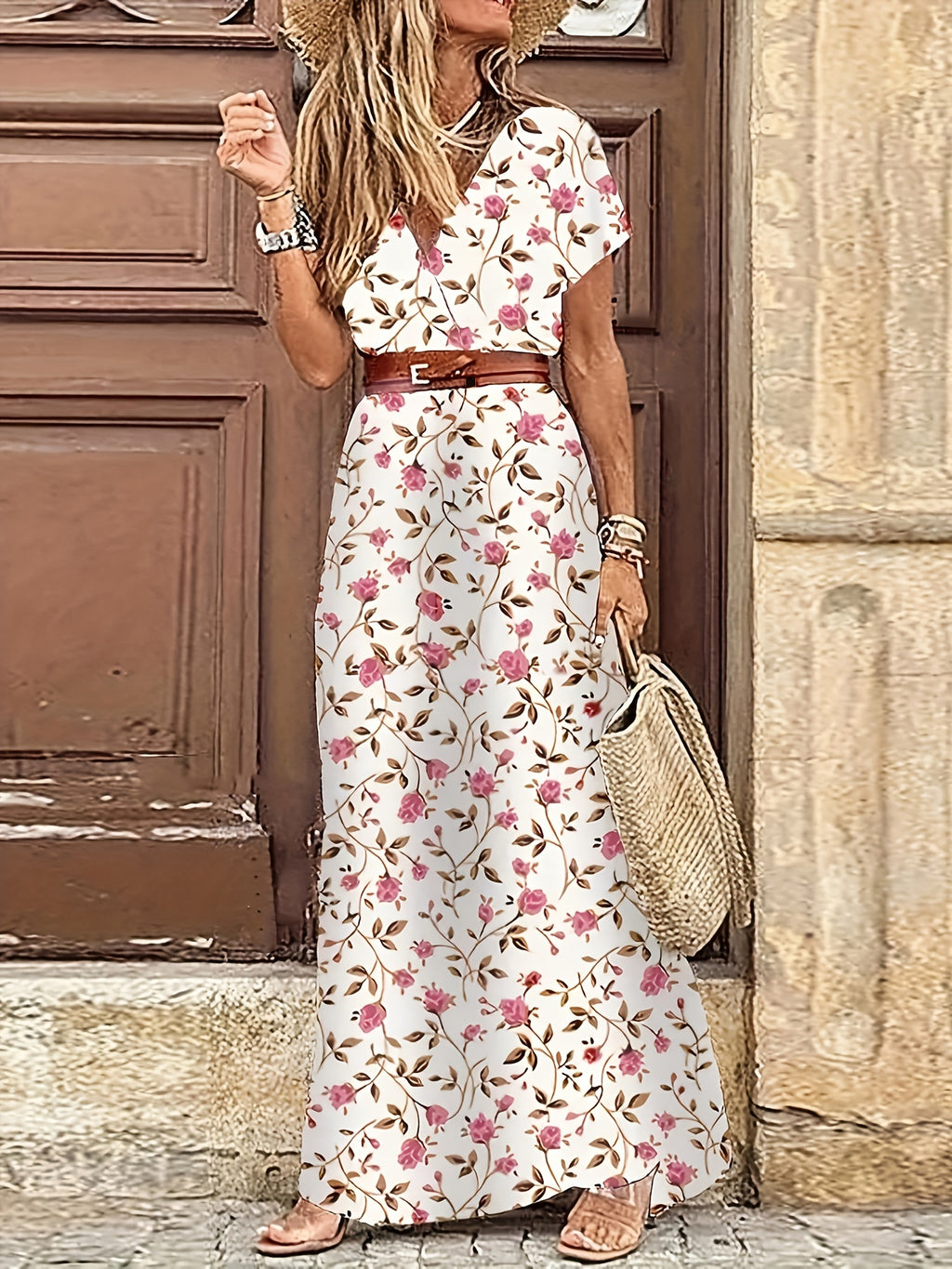2020 Fashion, Trendy Bohemian Printed V-Neck Maxi Dress with Belt, Adult, Polyester, Elegant, Summer, Peplum, Woven