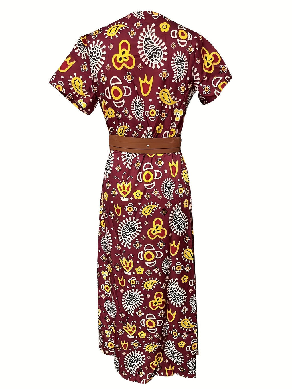 2020 Fashion, Trendy Bohemian Printed V-Neck Maxi Dress with Belt, Adult, Polyester, Elegant, Summer, Peplum, Woven