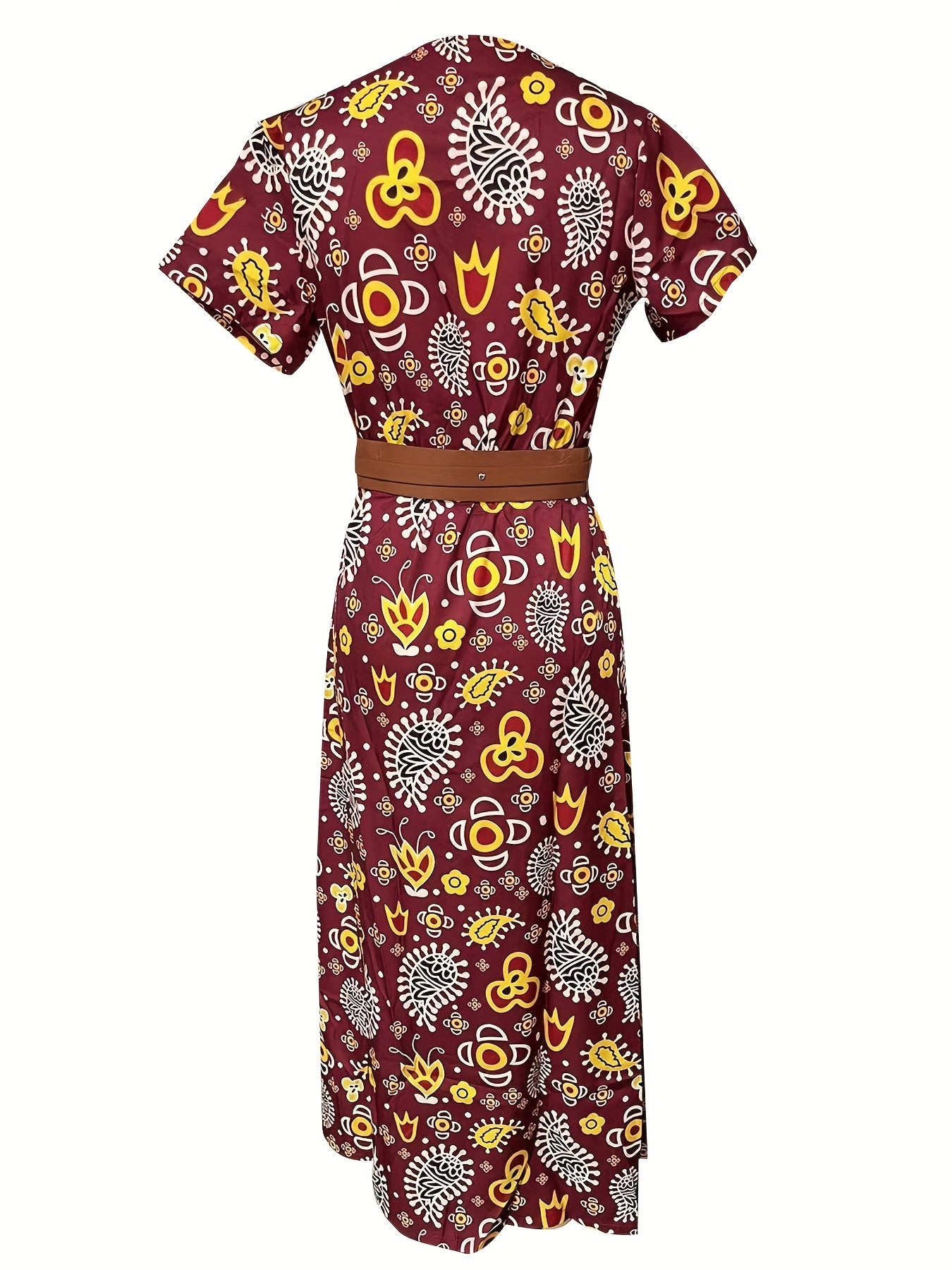 2020 Fashion, Trendy Bohemian Printed V-Neck Maxi Dress with Belt, Adult, Polyester, Elegant, Summer, Peplum, Woven