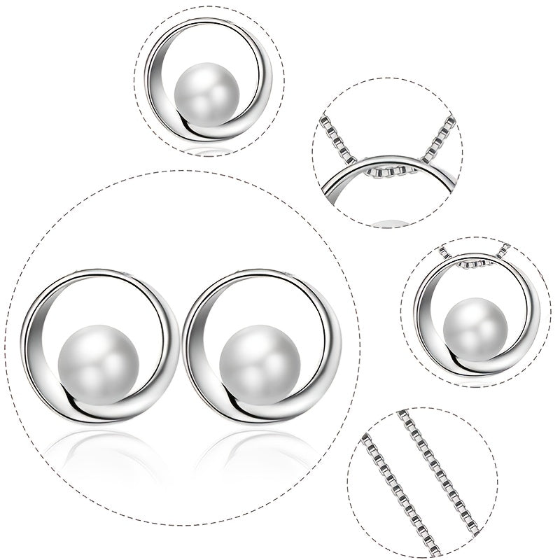Fashion Simple Faux Pearl Necklace Pendant Round Earrings Jewelry Set Men Women Gifts