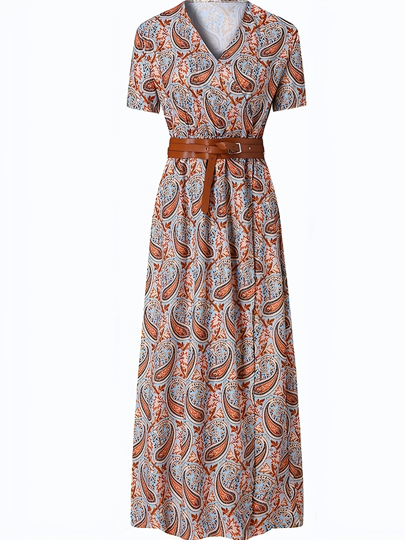 2020 Fashion, Trendy Bohemian Printed V-Neck Maxi Dress with Belt, Adult, Polyester, Elegant, Summer, Peplum, Woven
