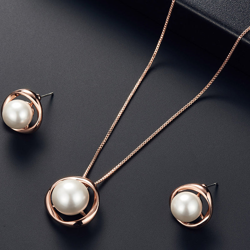 Fashion Simple Faux Pearl Necklace Pendant Round Earrings Jewelry Set Men Women Gifts