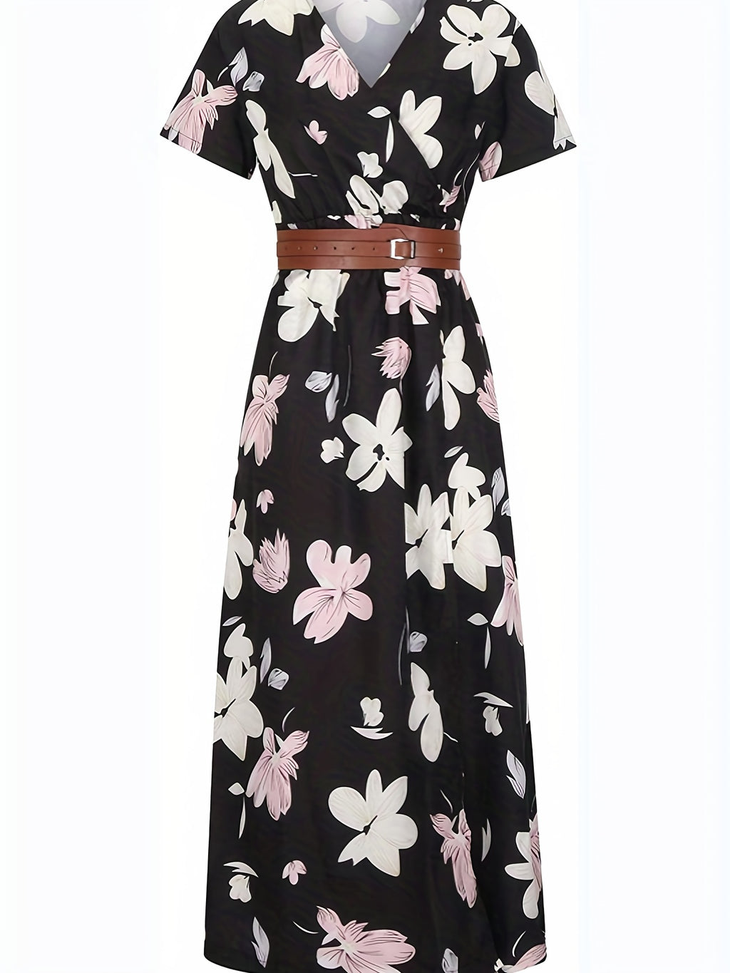 2020 Fashion, Trendy Bohemian Printed V-Neck Maxi Dress with Belt, Adult, Polyester, Elegant, Summer, Peplum, Woven