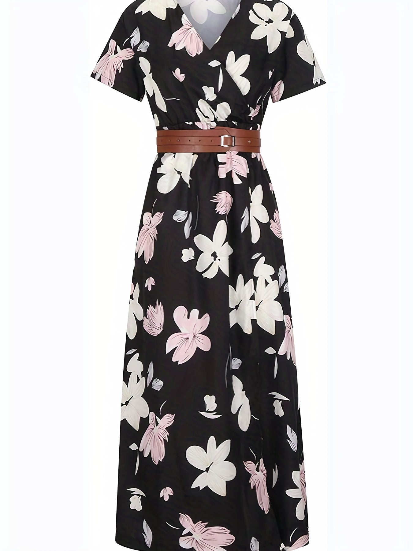 2020 Fashion, Trendy Bohemian Printed V-Neck Maxi Dress with Belt, Adult, Polyester, Elegant, Summer, Peplum, Woven