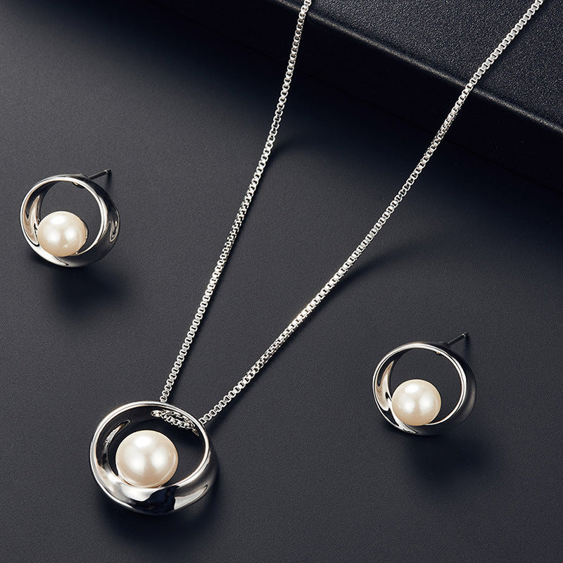 Fashion Simple Faux Pearl Necklace Pendant Round Earrings Jewelry Set Men Women Gifts