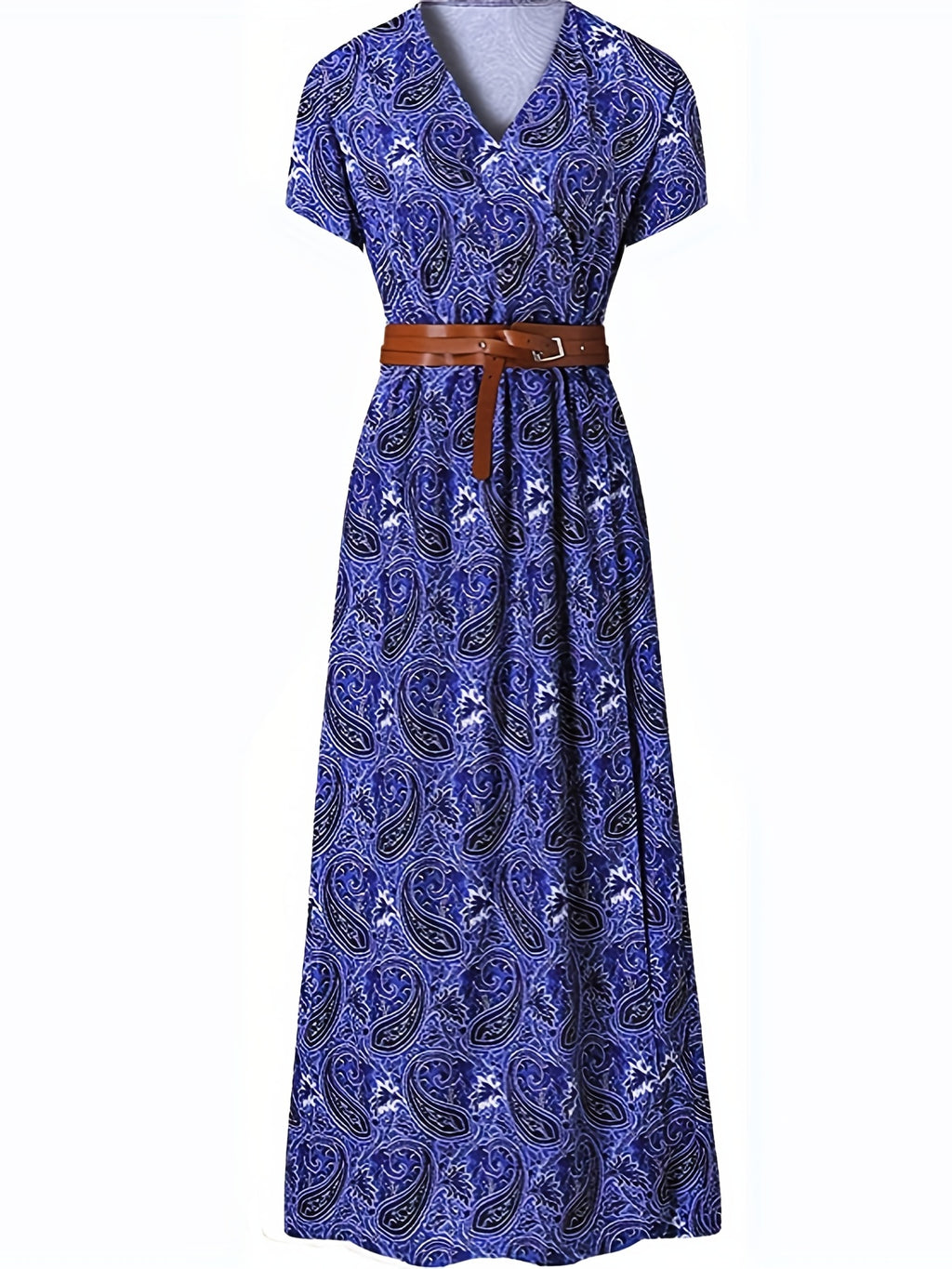 2020 Fashion, Trendy Bohemian Printed V-Neck Maxi Dress with Belt, Adult, Polyester, Elegant, Summer, Peplum, Woven