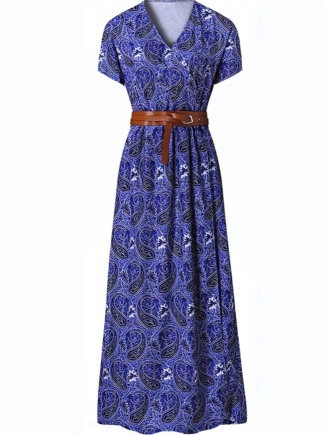 2020 Fashion, Trendy Bohemian Printed V-Neck Maxi Dress with Belt, Adult, Polyester, Elegant, Summer, Peplum, Woven
