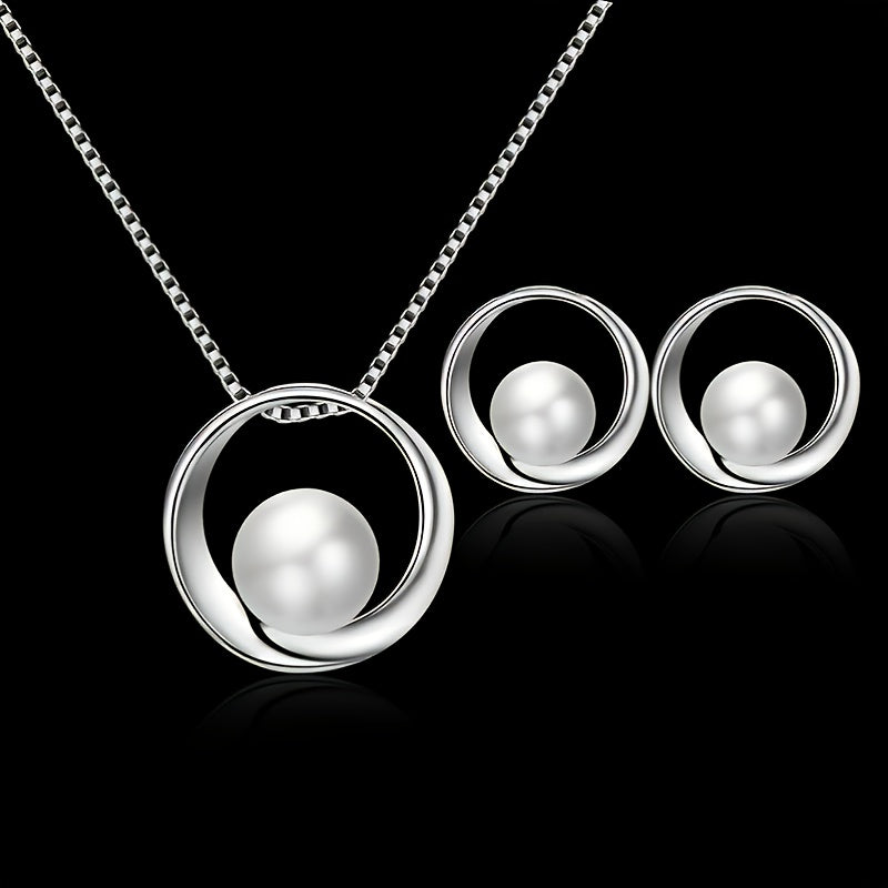 Fashion Simple Faux Pearl Necklace Pendant Round Earrings Jewelry Set Men Women Gifts