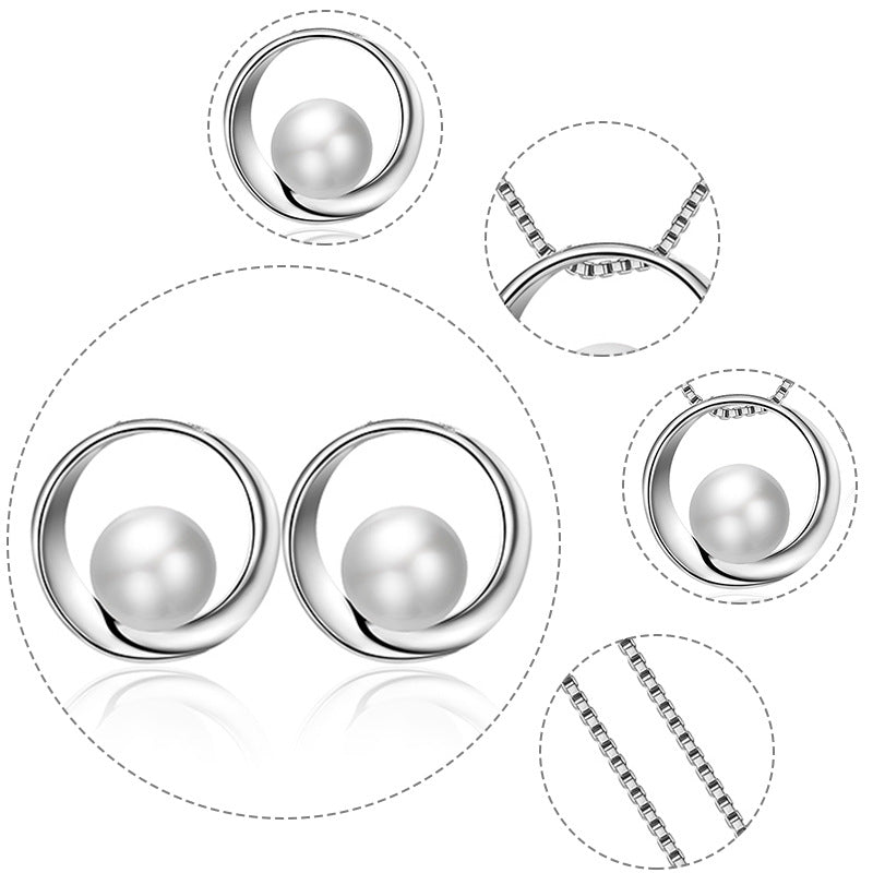Fashion Simple Faux Pearl Necklace Pendant Round Earrings Jewelry Set Men Women Gifts